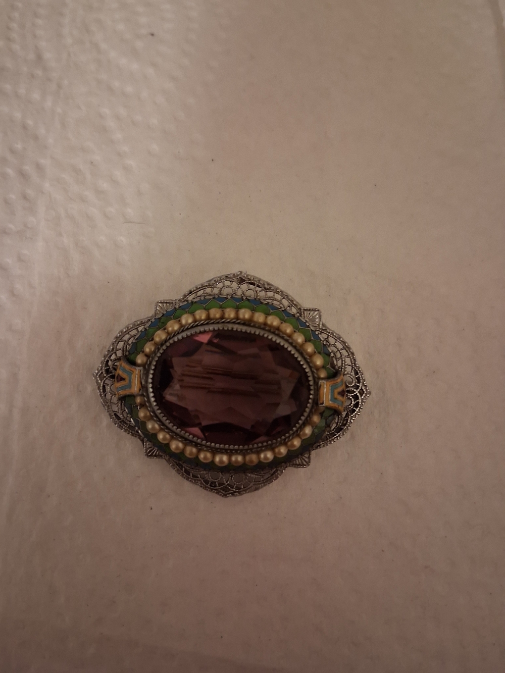 Artisan Silver-Tone Purple Center Brooch with Green and Cream Accents